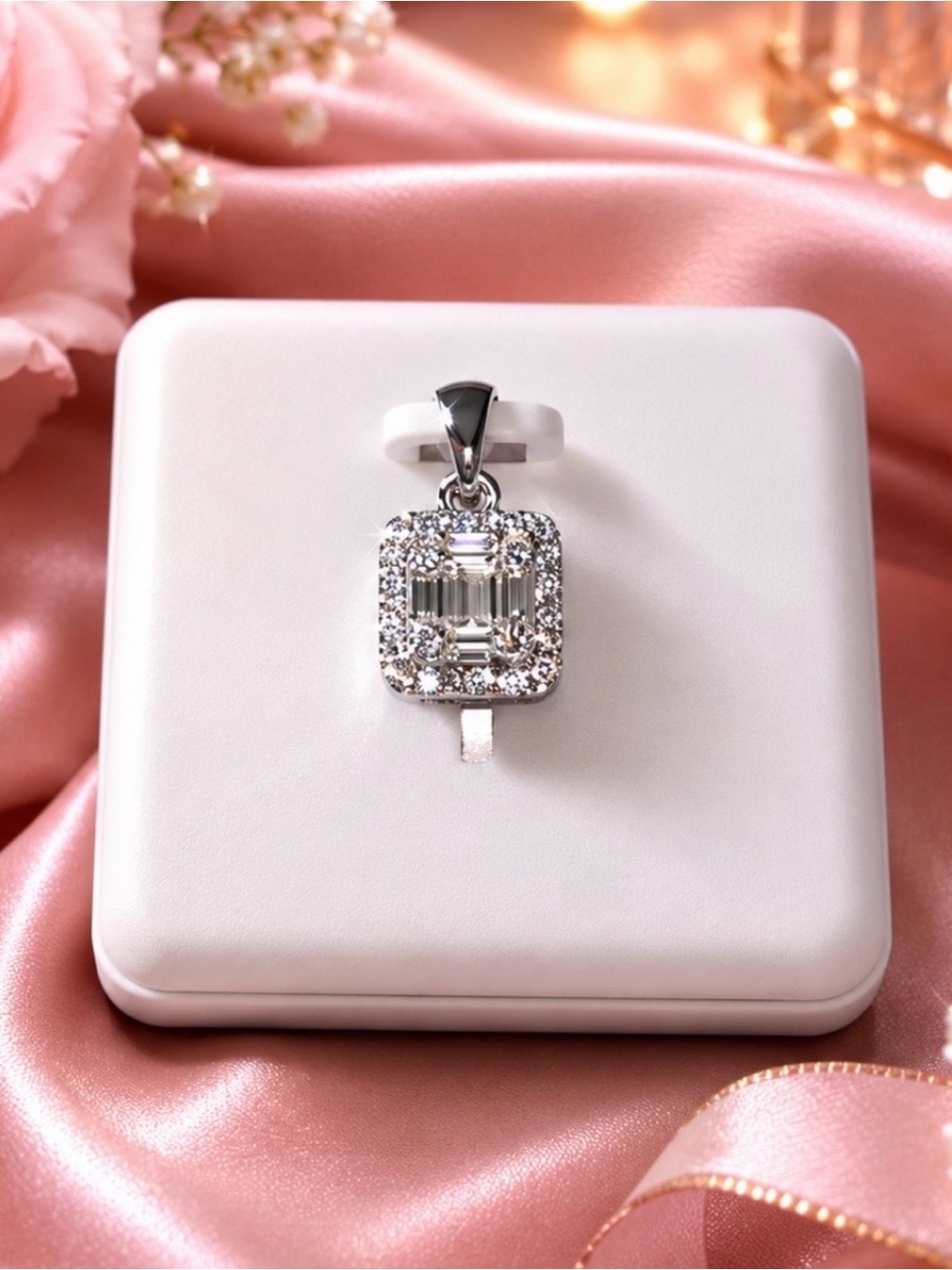 Sterling Silver Moissanite Emerald-Cut Halo Pendant in White